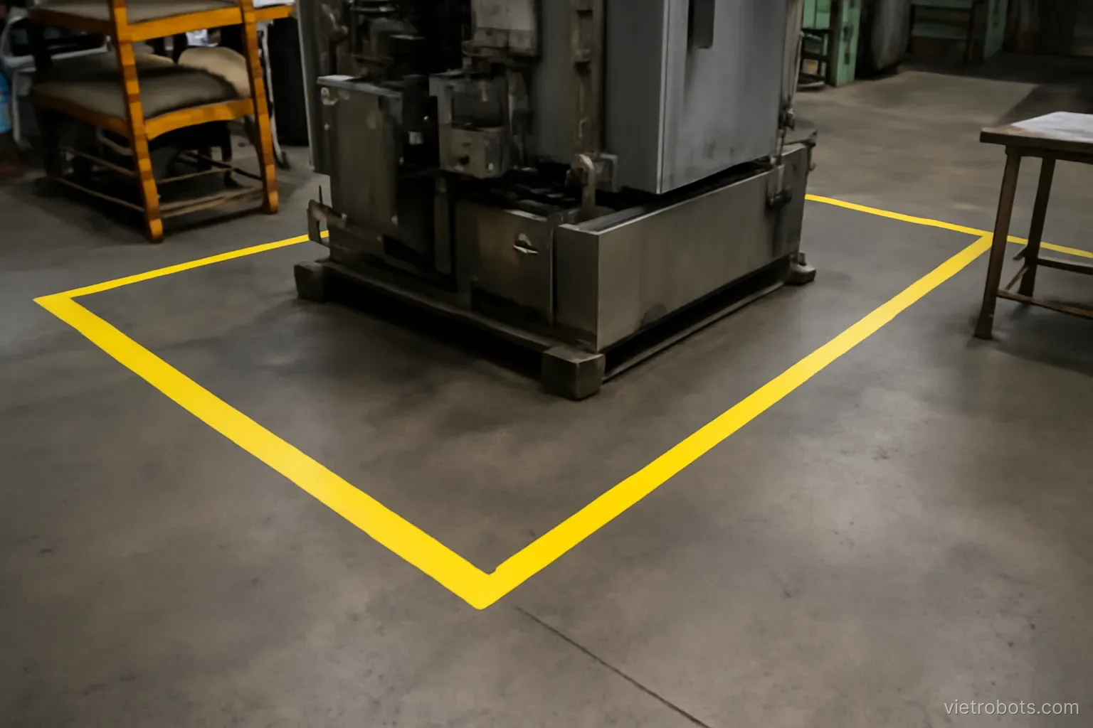 Yellow safety markings on a factory floor