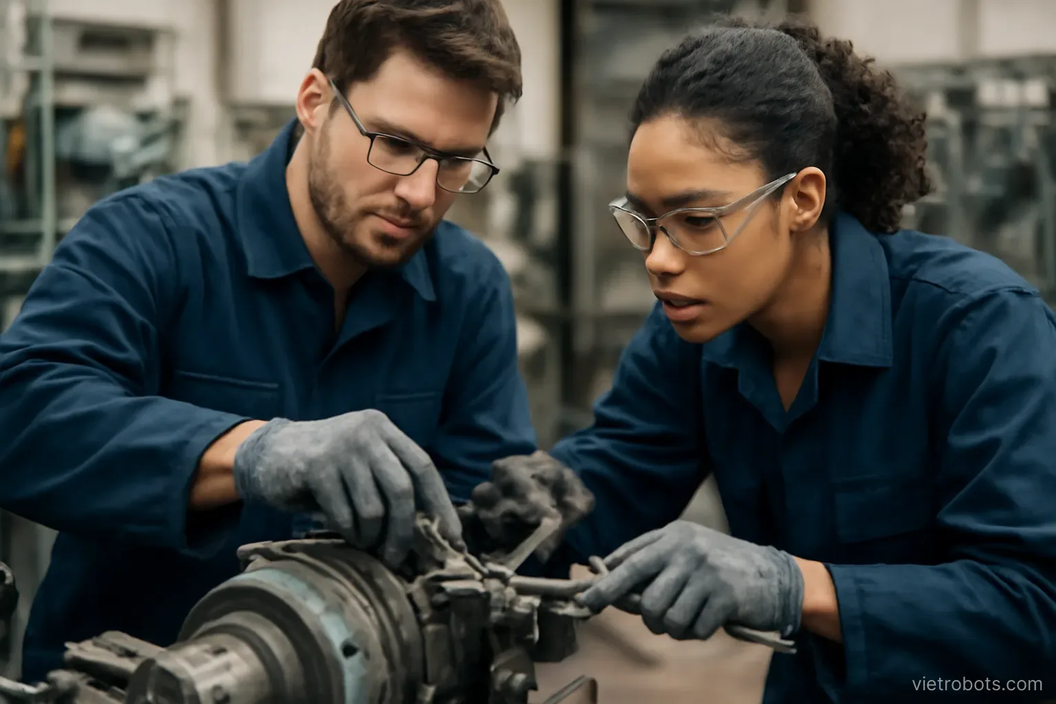 Technicians working together on equipment
