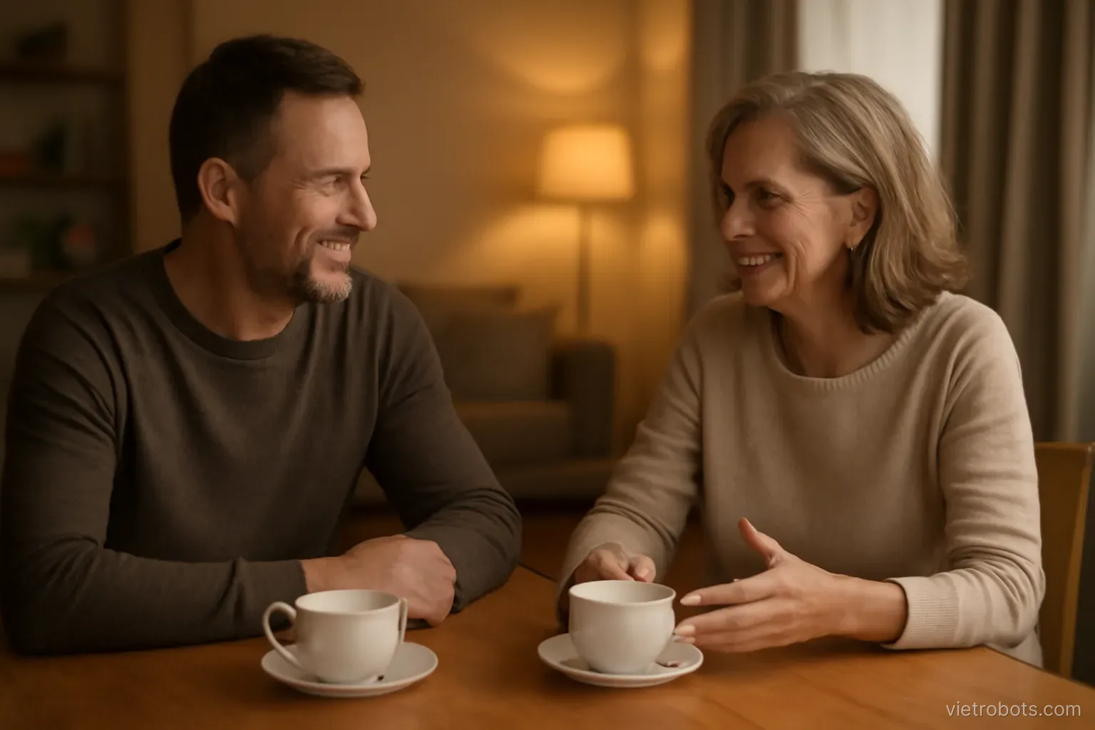 Two people in conversation over tea