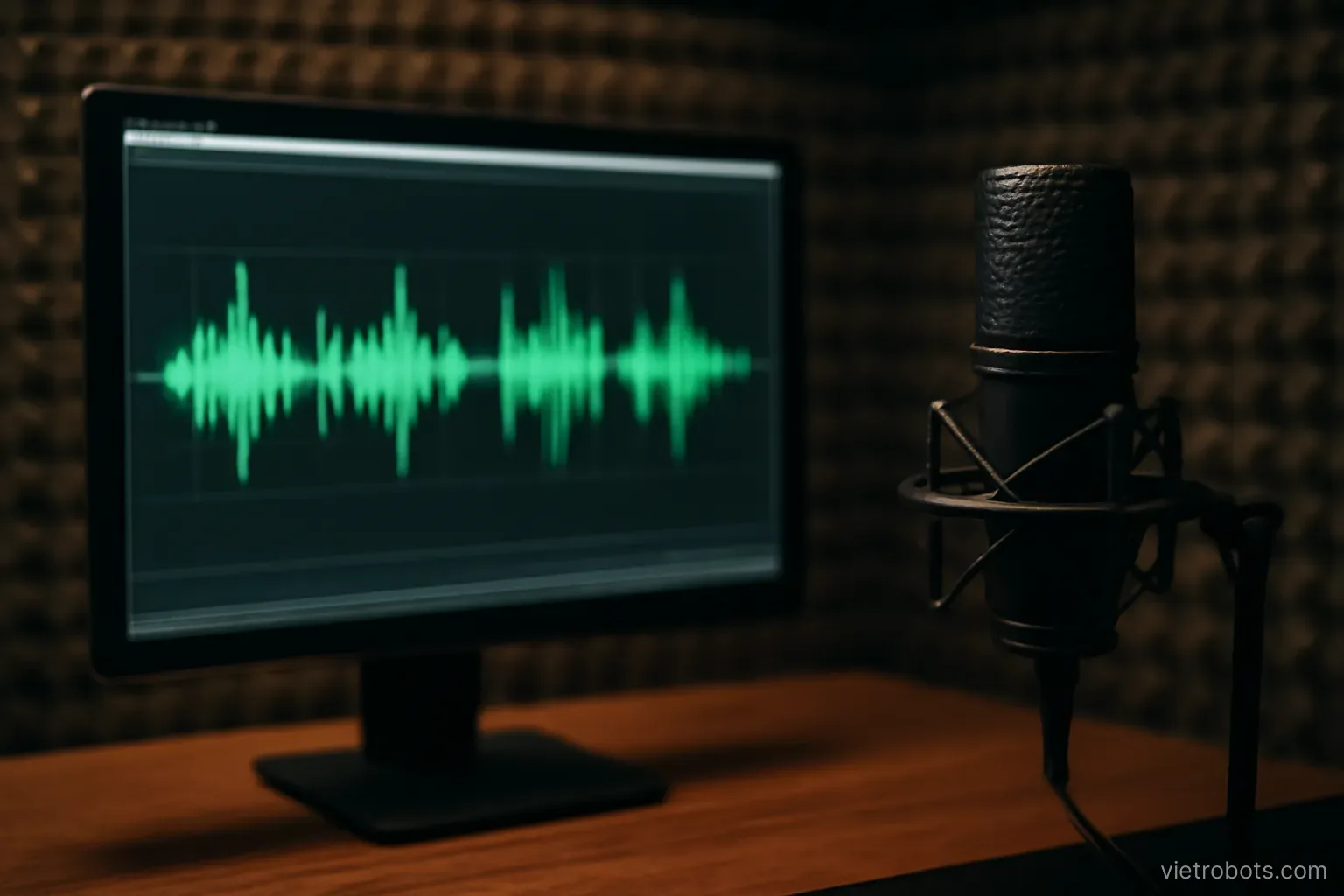 Sound wave display on a screen in a studio setting
