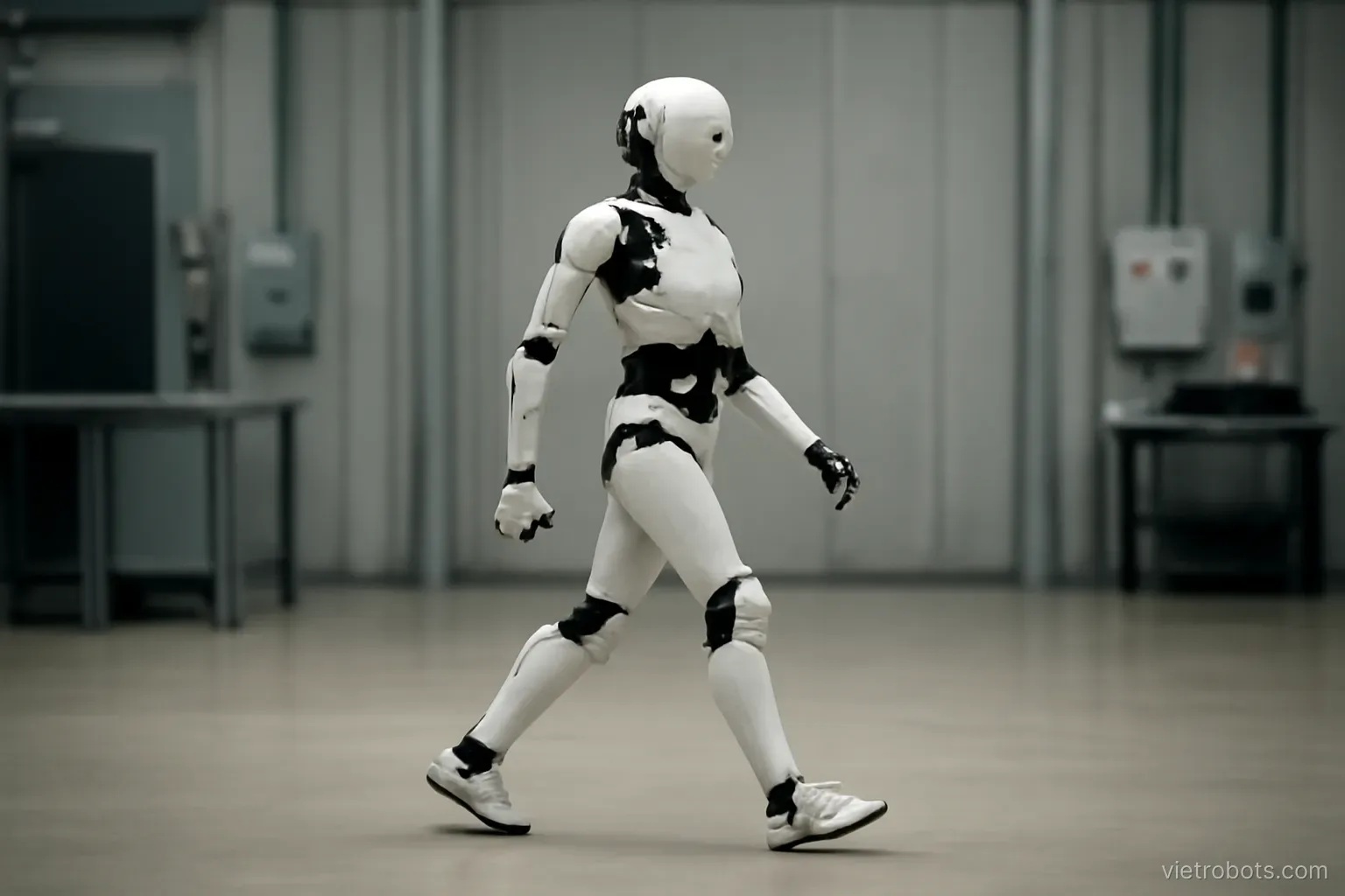 Humanoid robot mid-stride on a flat floor