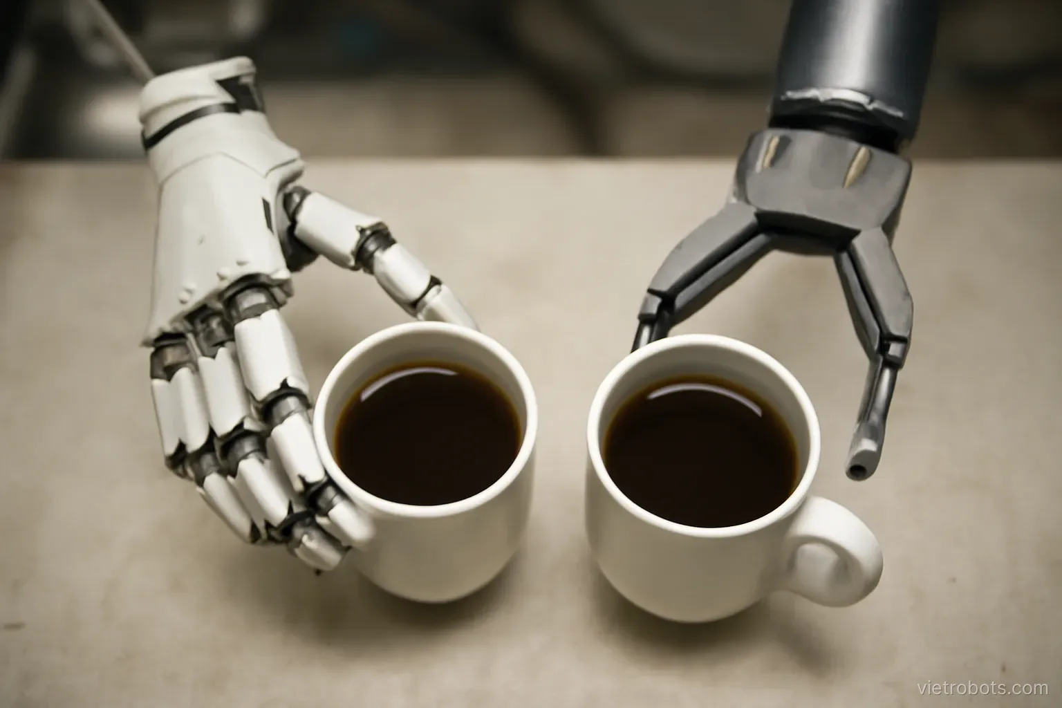 Close view of a humanoid robot hand with articulated fingers gripping a ceramic cup next to an industrial parallel gripper holding the same cup