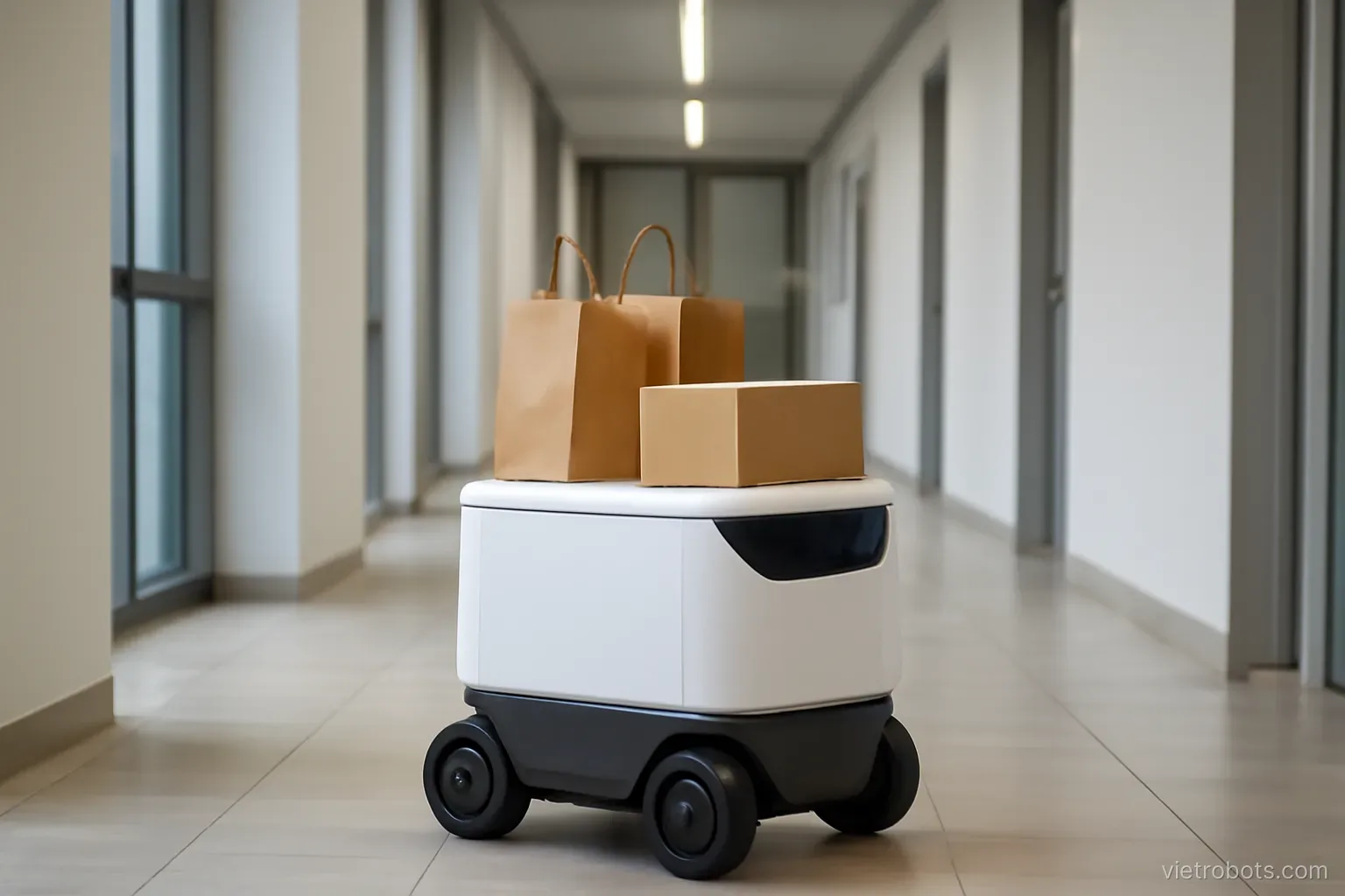 Robot carrying items along a corridor in a facility