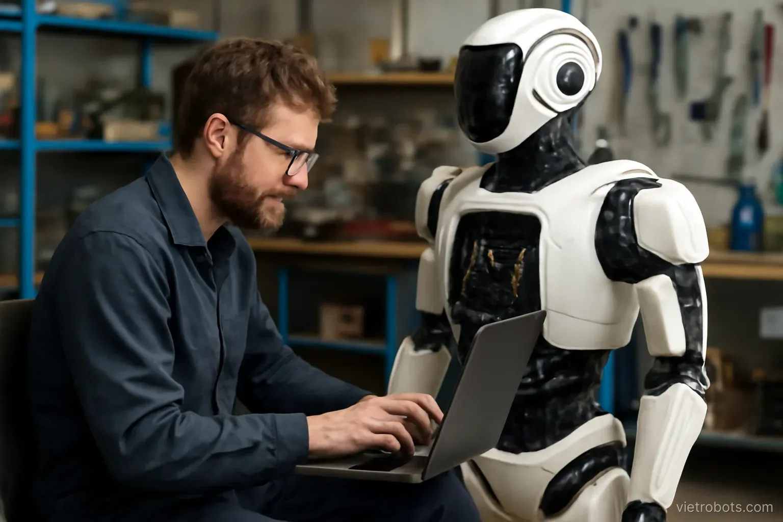 Technician servicing a robot