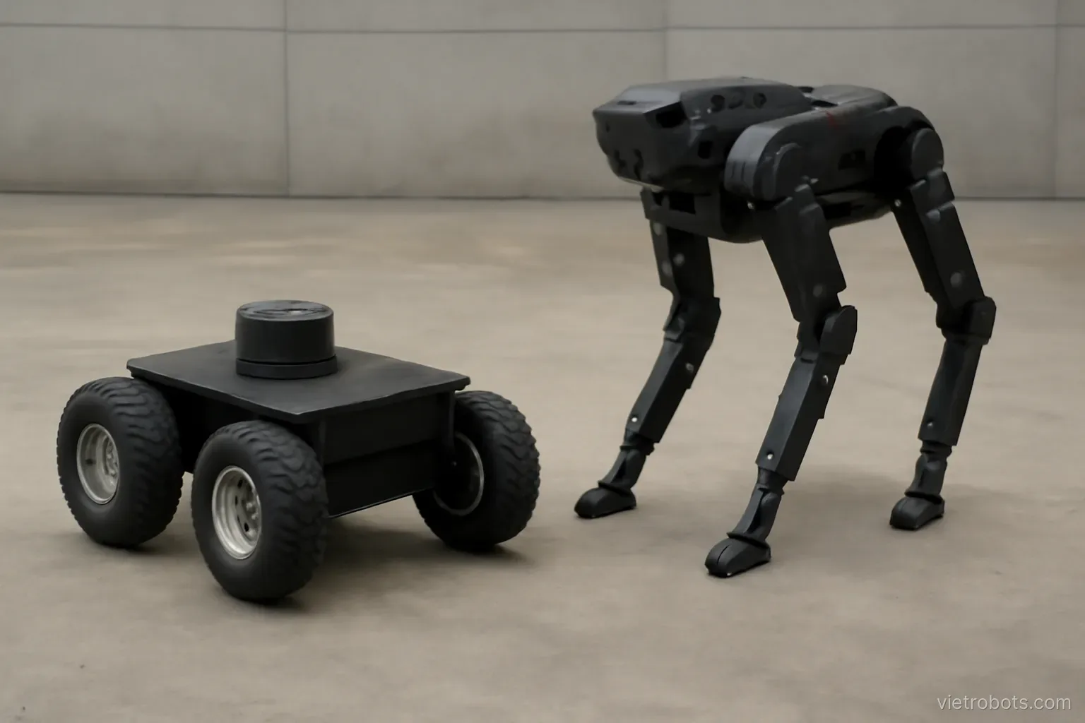 Wheeled robot base beside a legged robot
