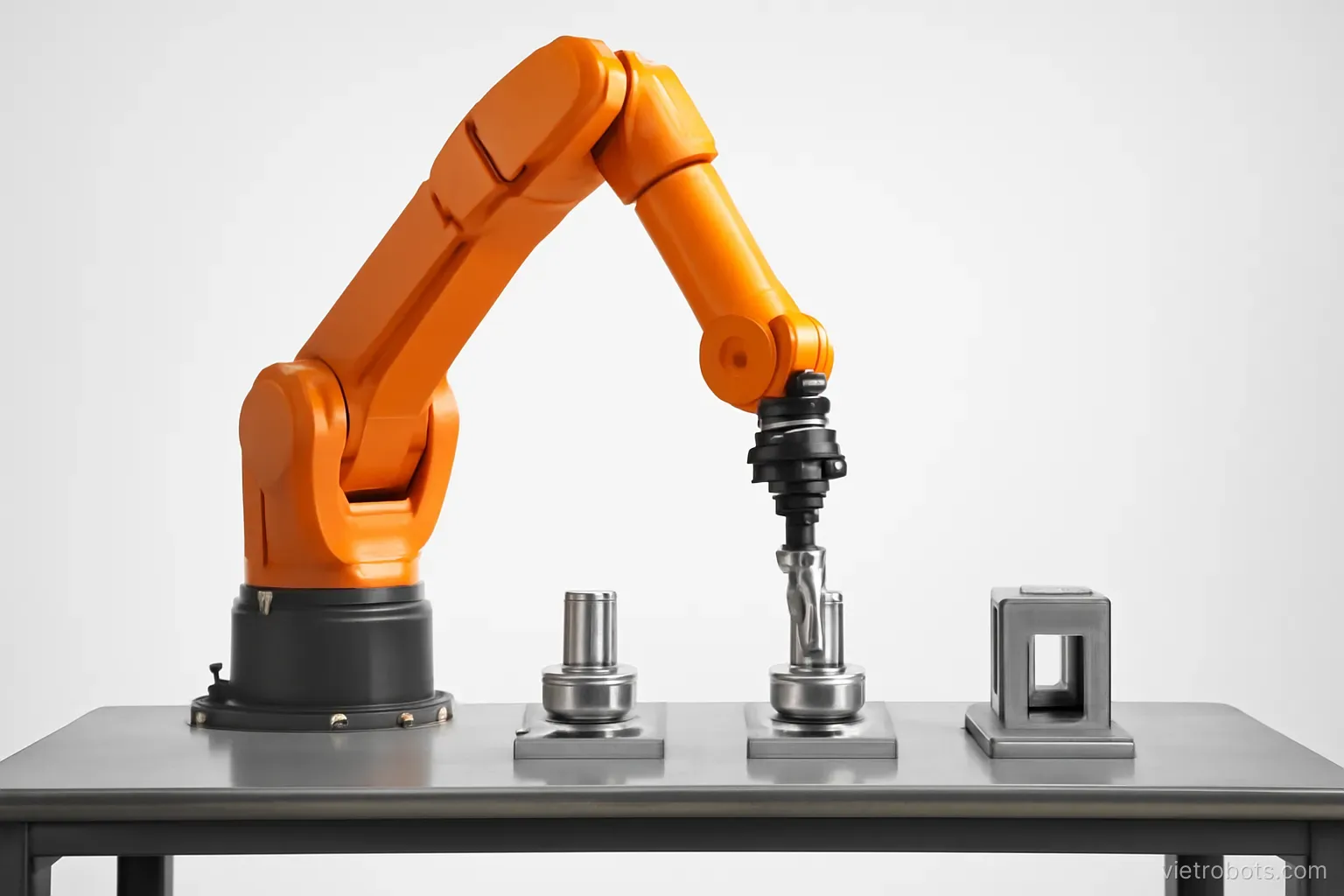 Industrial robotic arm performing repetitive assembly task in controlled factory environment with fixed lighting and positioned parts