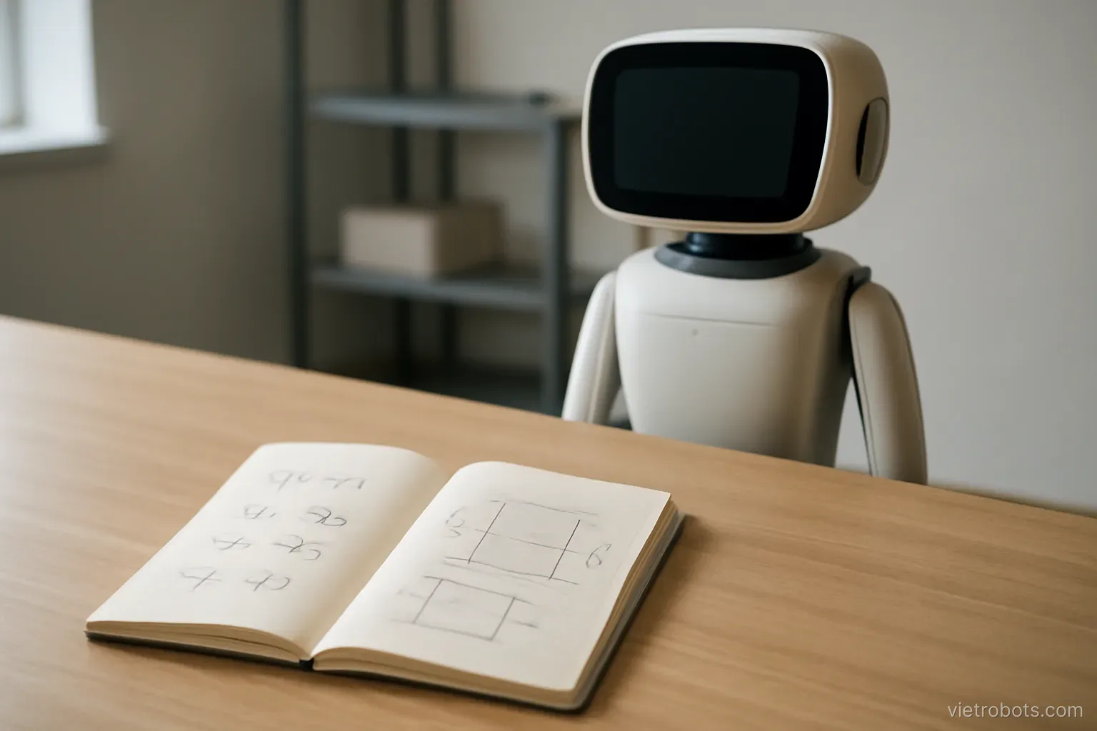 Notebook with measurements beside a robot in a workplace