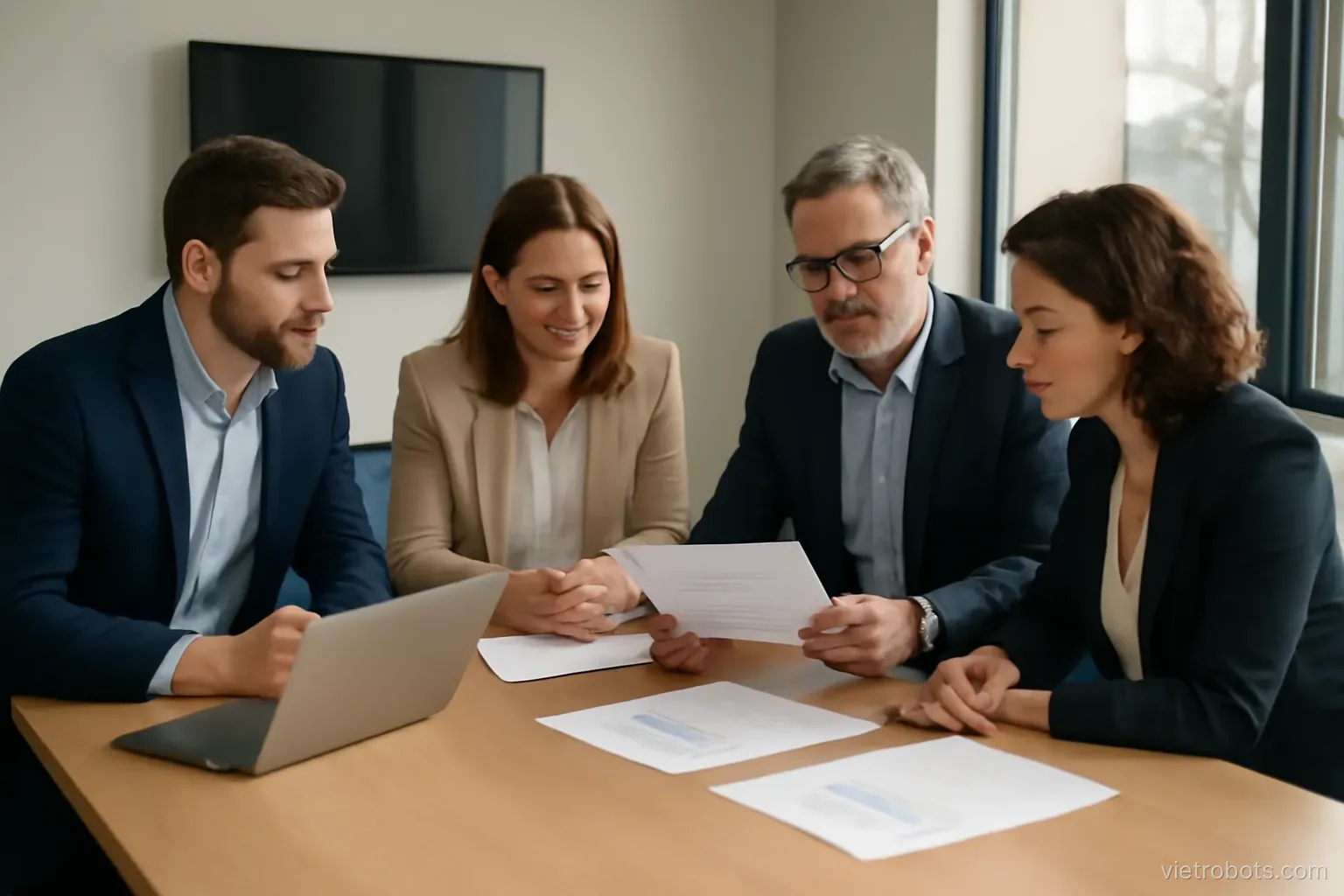 Meeting room with people discussing over documents