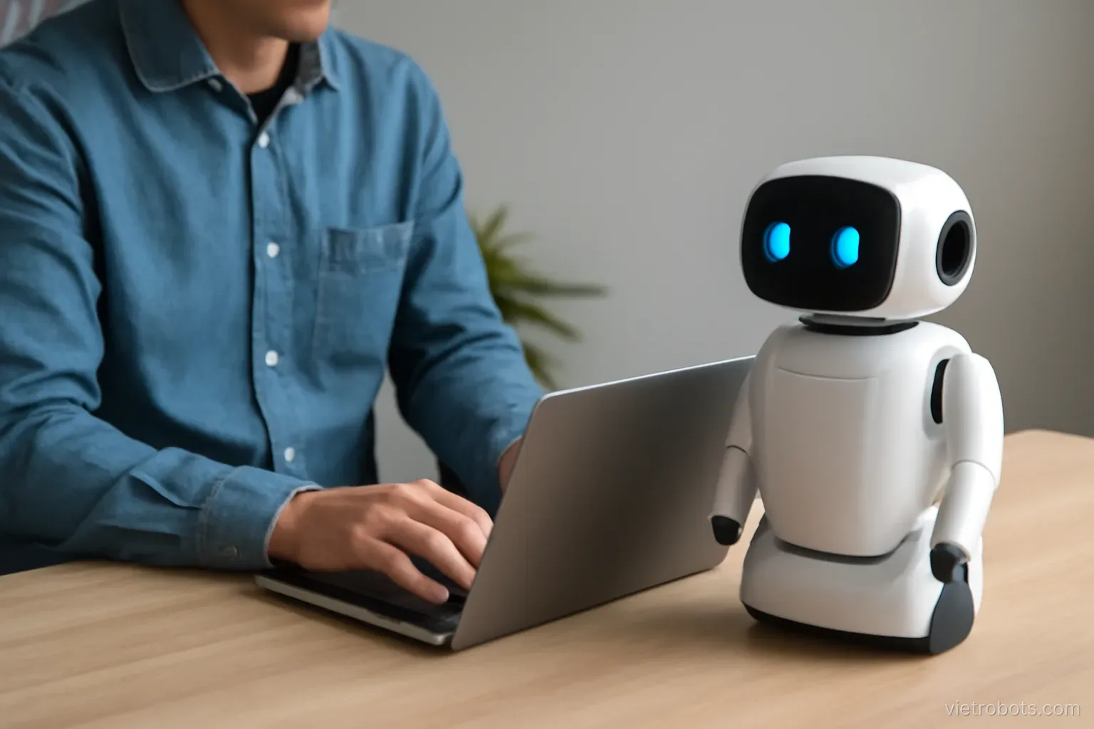 Person working at a laptop beside a robot
