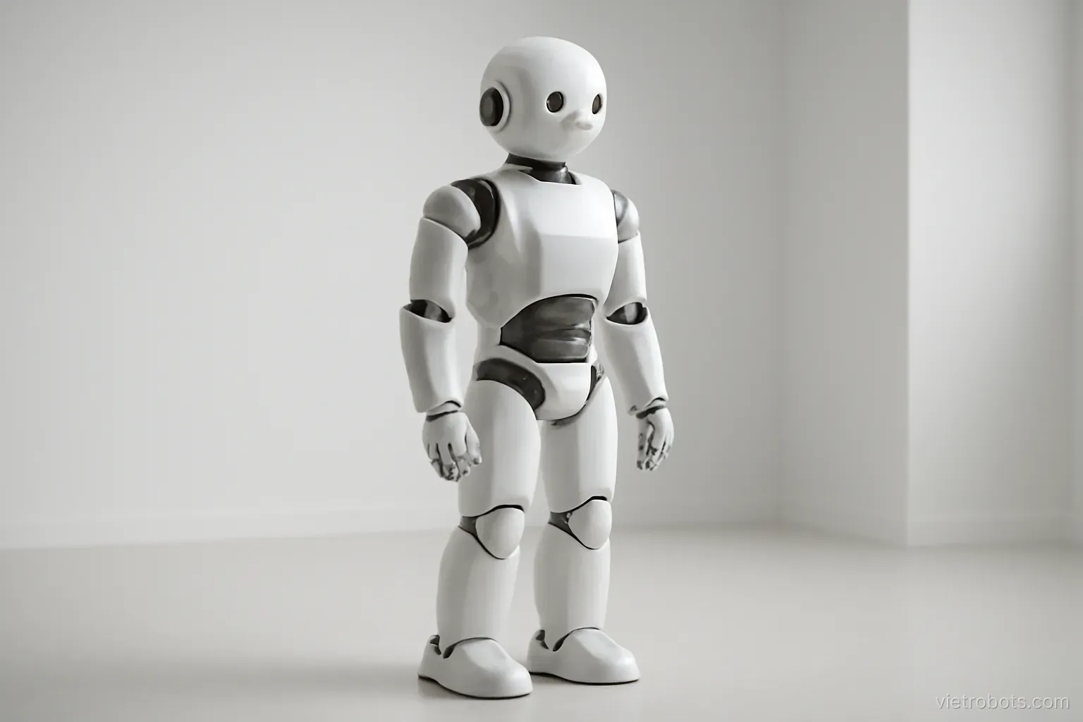 Humanoid robot standing alone in a bright room