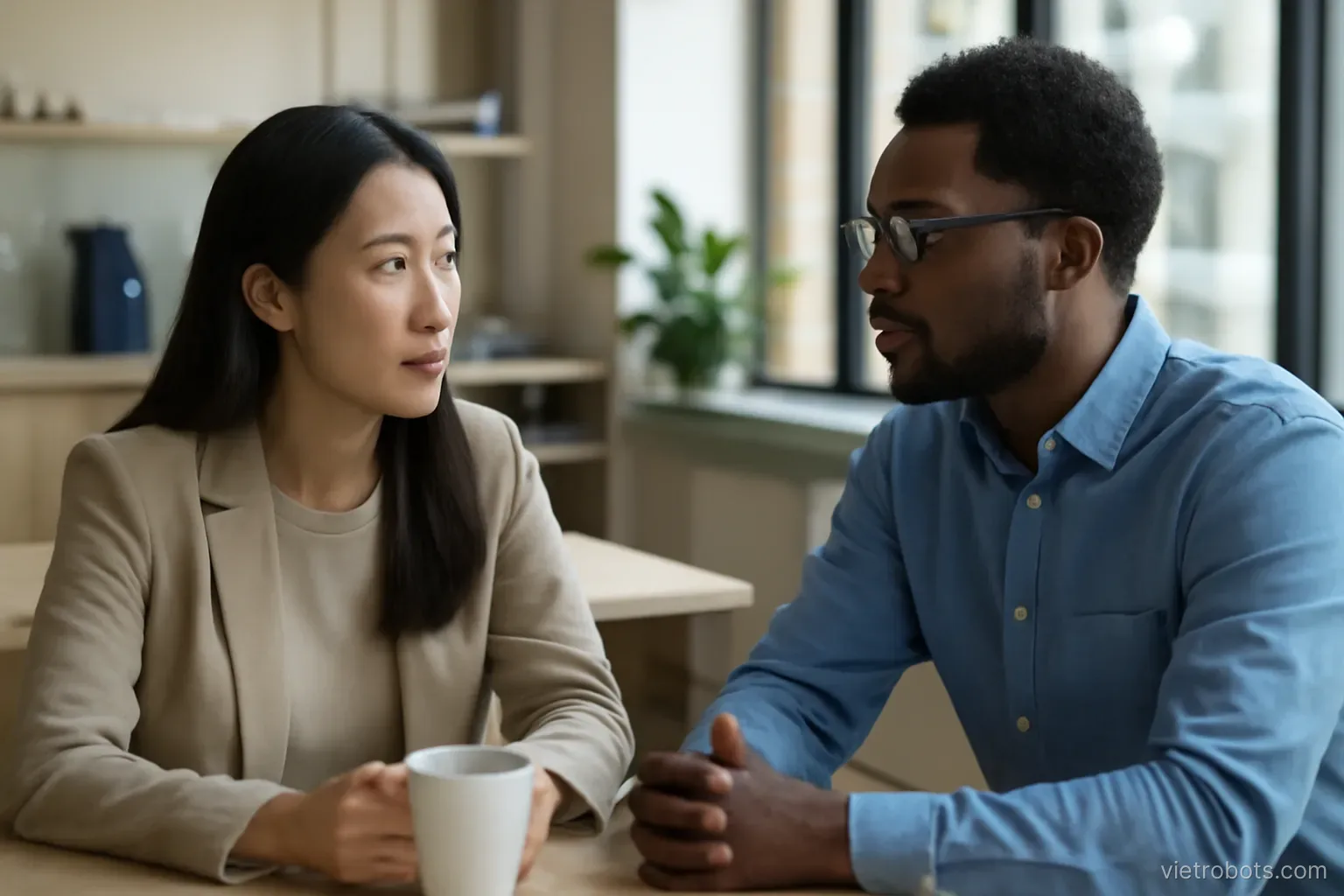 Two people talking at a workplace break area