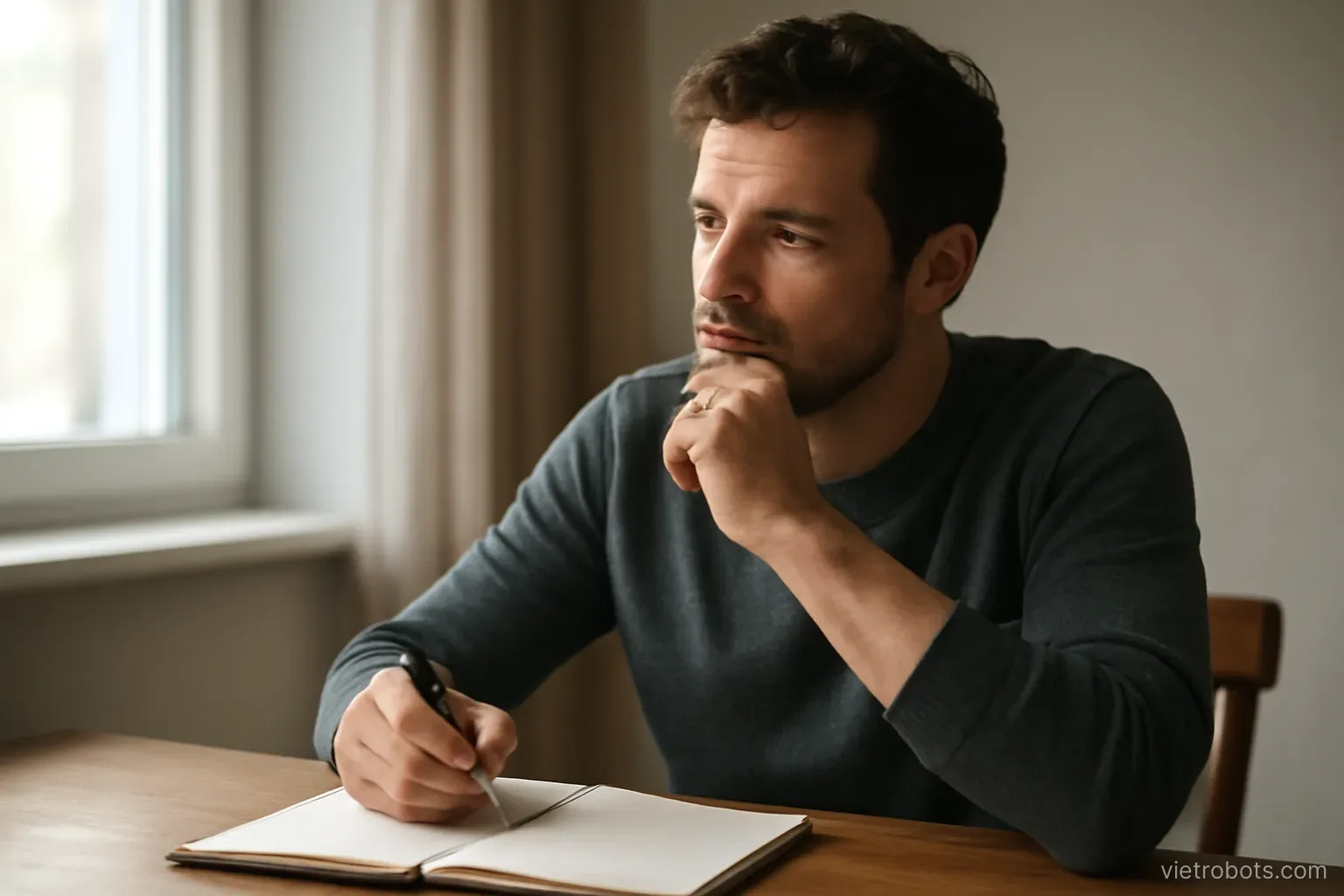 Person thinking at a desk with a notepad