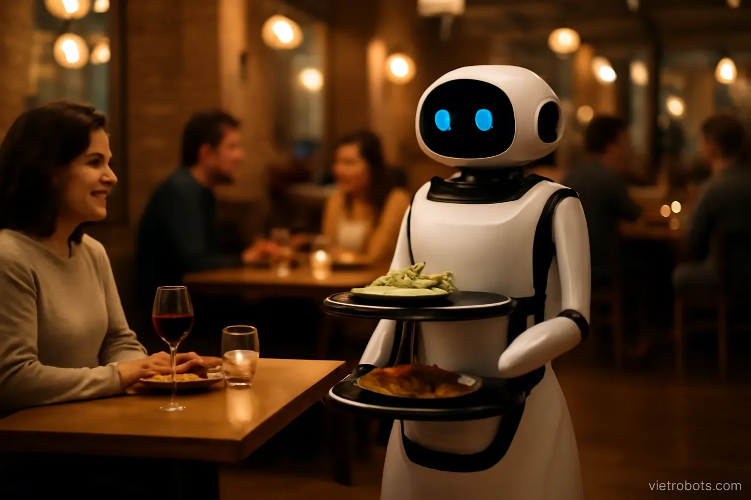 Restaurant interior with serving robot among tables