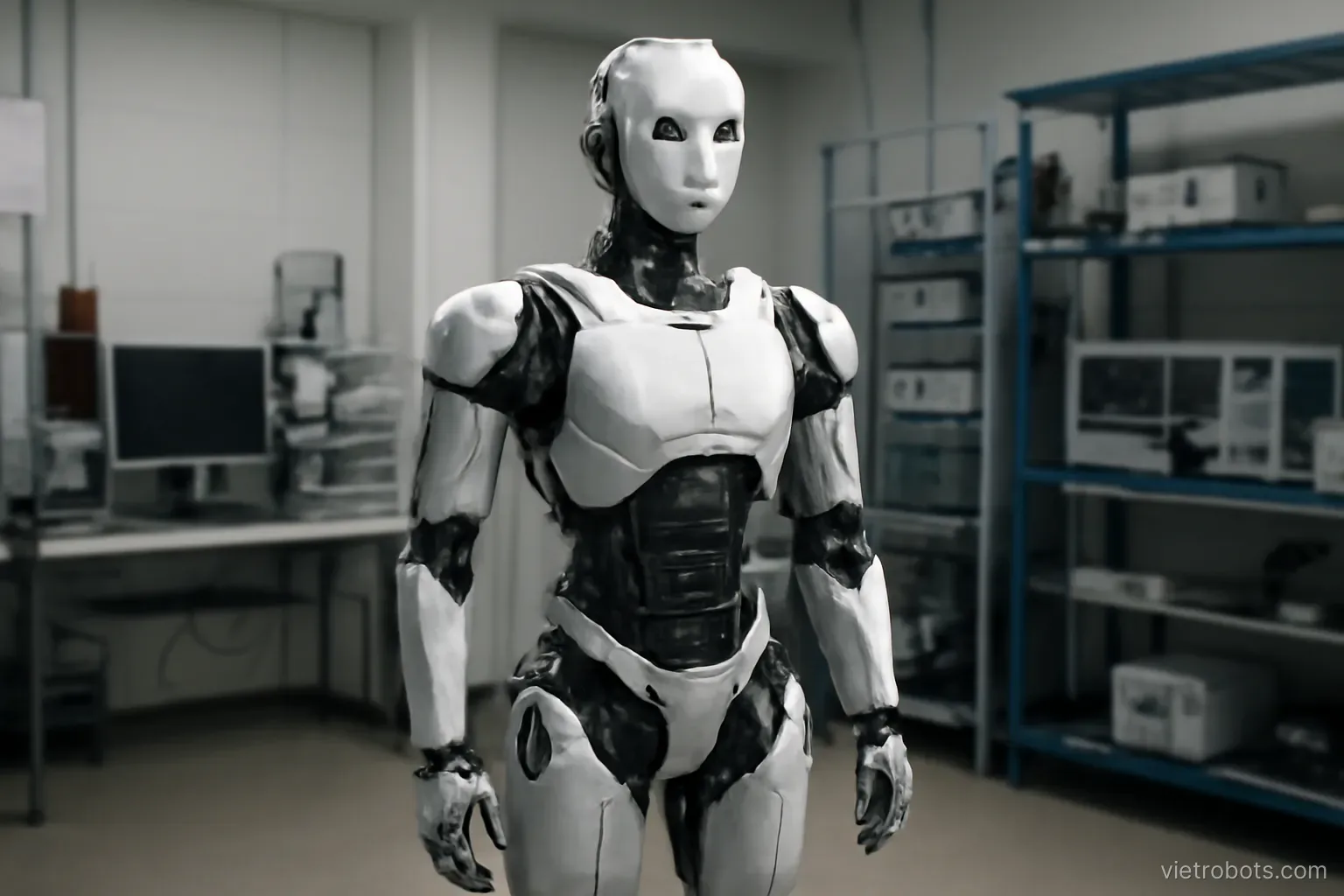 Humanoid robot standing in a research laboratory