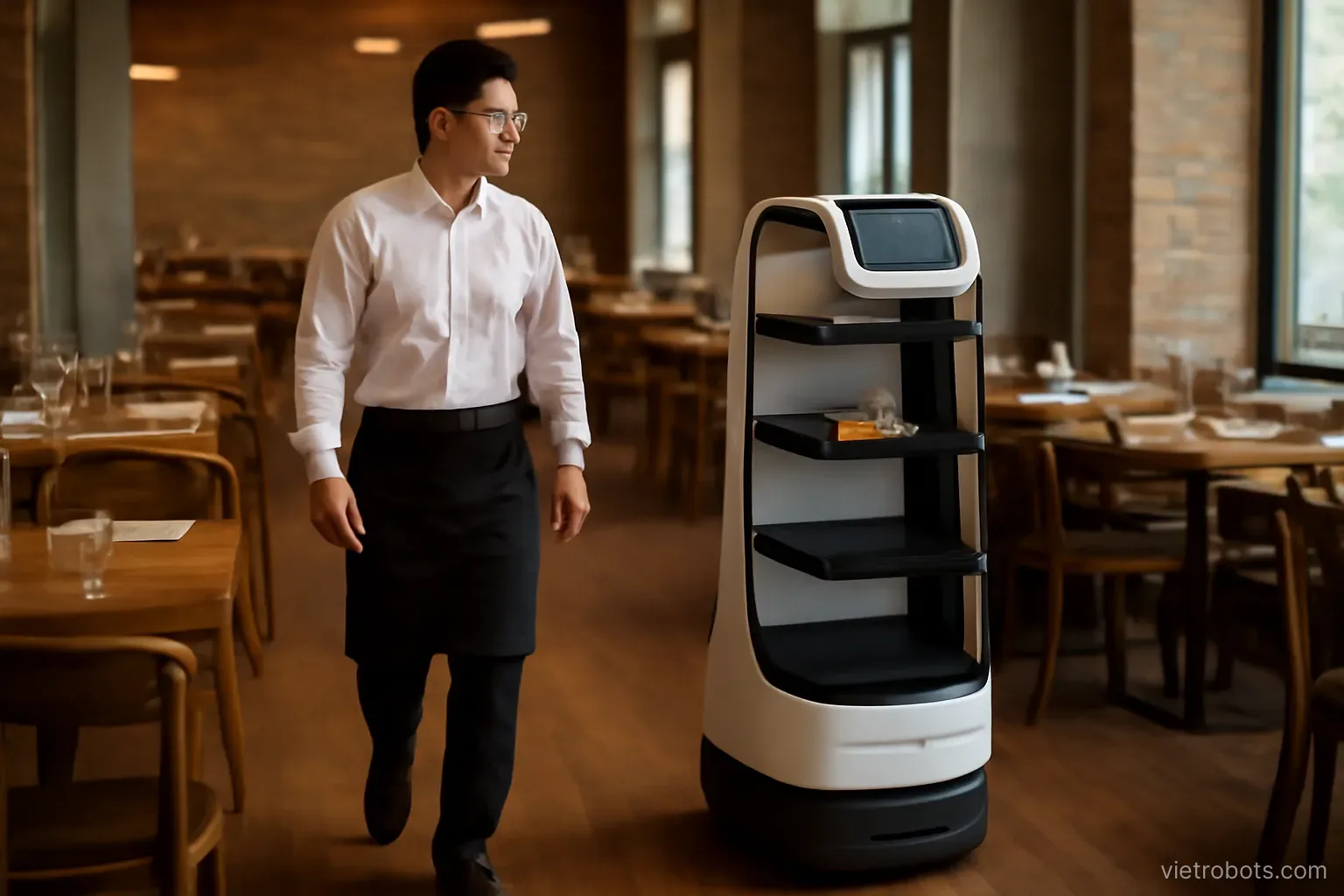 Restaurant staff beside a delivery robot