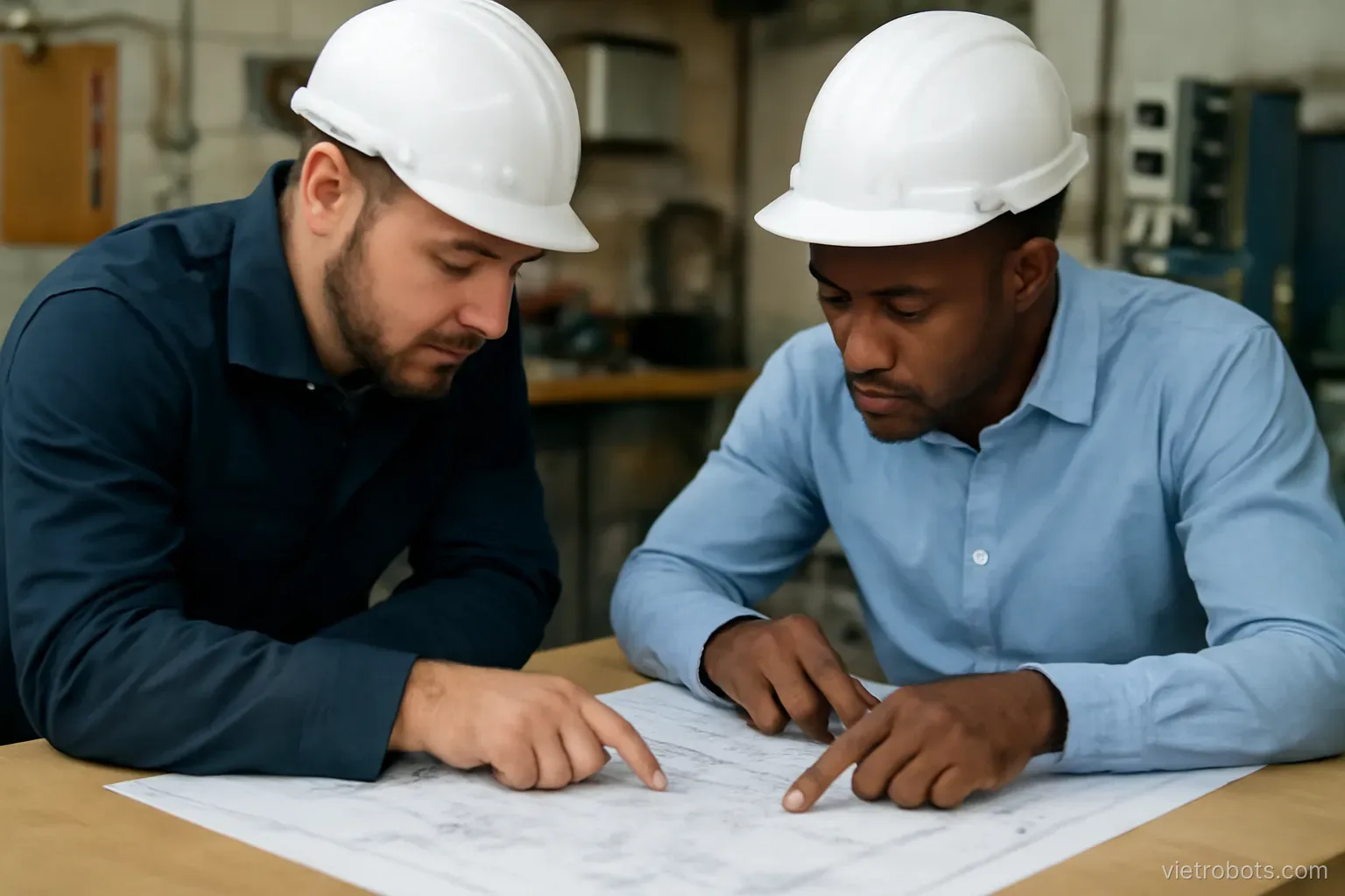Two people reviewing a technical drawing together